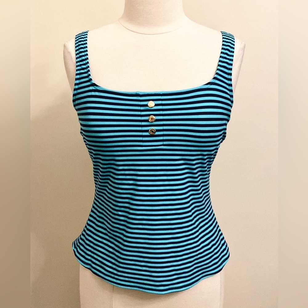 Liz & Co Swimwear Turquoise Blue Striped Square Neck Built In Bra Tankini Top 14